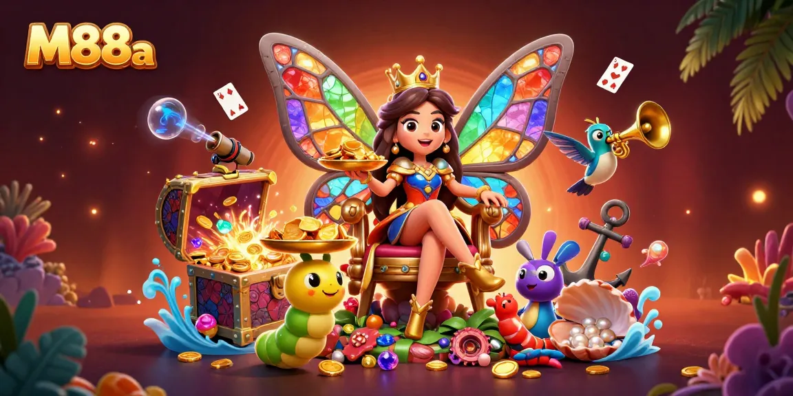 M88a casino illustration featuring a butterfly queen amidst vibrant gaming elements and treasure.