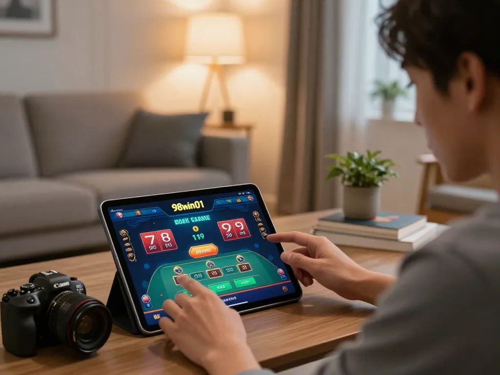 Player engaged in the 98win01 online casino app, revealing dynamic gameplay at home.