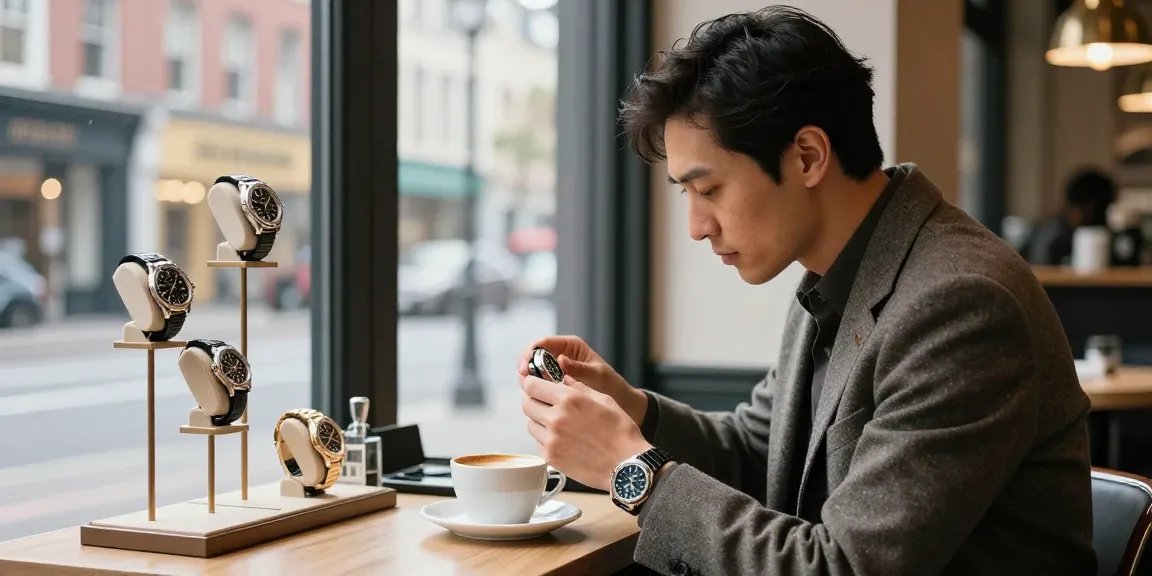 Luxury watch enthusiast inspecting a detailed replica watch at a café, showcasing craftsmanship.
