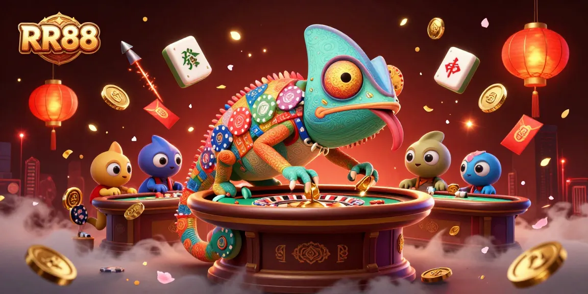 Experience RR88's dynamic casino atmosphere with chameleon owner, vibrant gaming elements, and rich details.