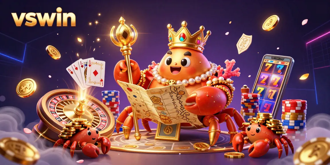 Engage with vswin gaming action featuring a golden crab emperor amid vibrant casino elements and dynamic effects.