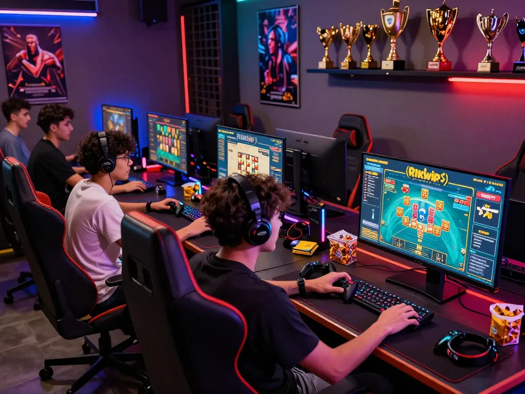 Exciting gaming scene where players enjoy Rikvip, showcasing vibrant atmosphere and high-end gaming peripherals.
