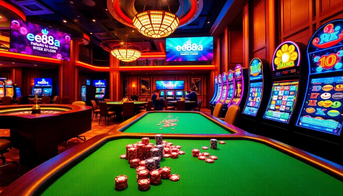 Exciting casino scene featuring ee88a.co.com with roulette, slot machines, and poker chips.