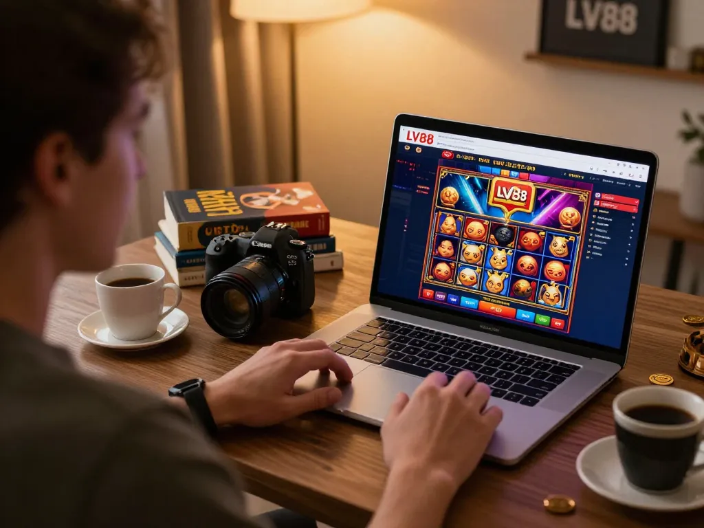 Engaged player using LV88 online casino interface on laptop, with strategy notes and a warm atmosphere
