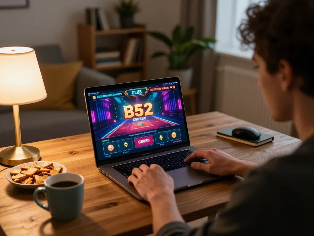 Player enjoying thrilling gaming experience with b52 club on laptop at home