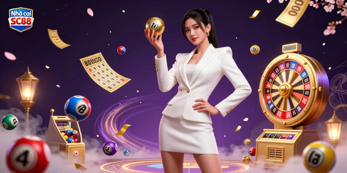 Engage in exciting gameplay at Nhà cái SC88 with innovative lottery and casino elements surrounding a confident player.