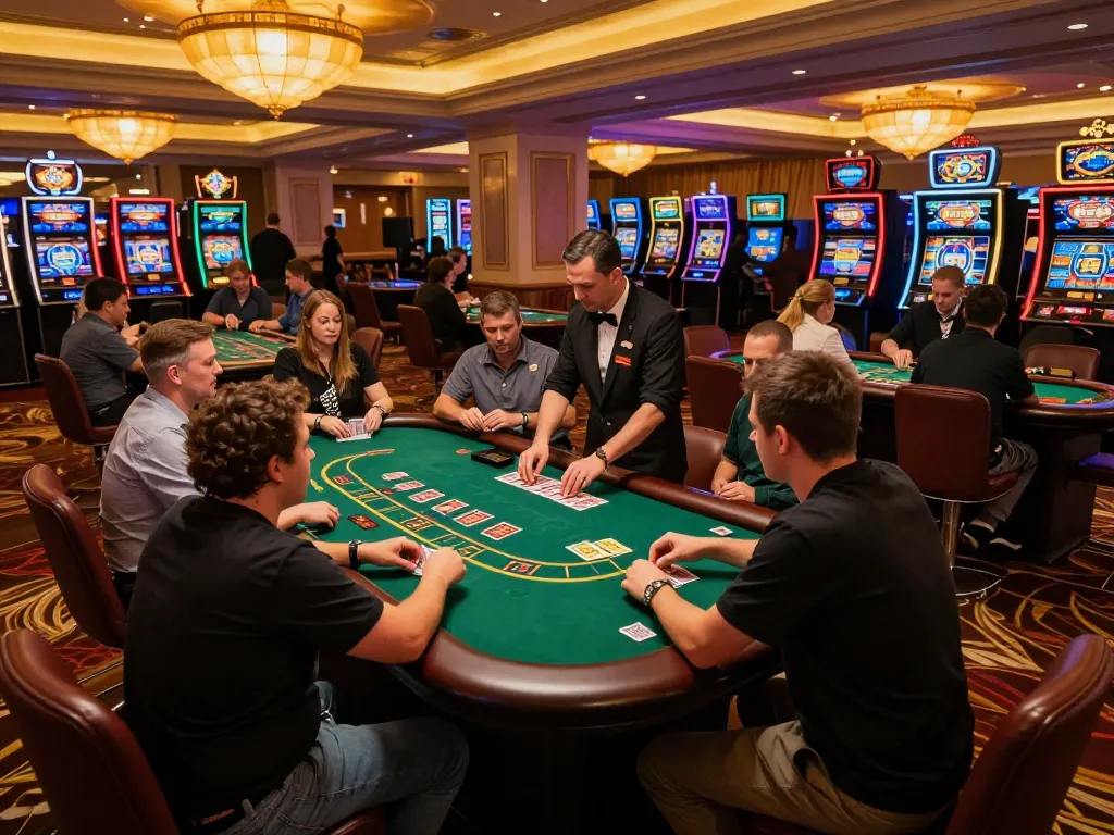 The va88 casino atmosphere features players engaged in an exciting blackjack game with vibrant decor and ambient lighting.