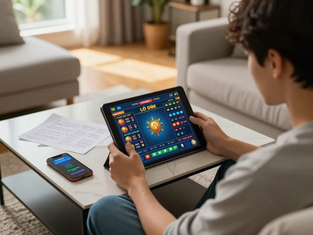 Lô Đề Online gaming session showing a person engaging with tablet, surrounded by betting notes in a cozy home.