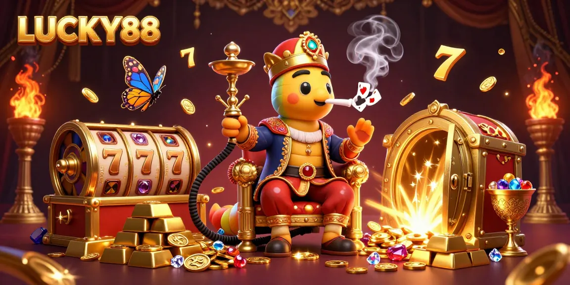 Experience LUCKY88 with vibrant scenes of slot reels and jackpot excitement in this 3D illustration.