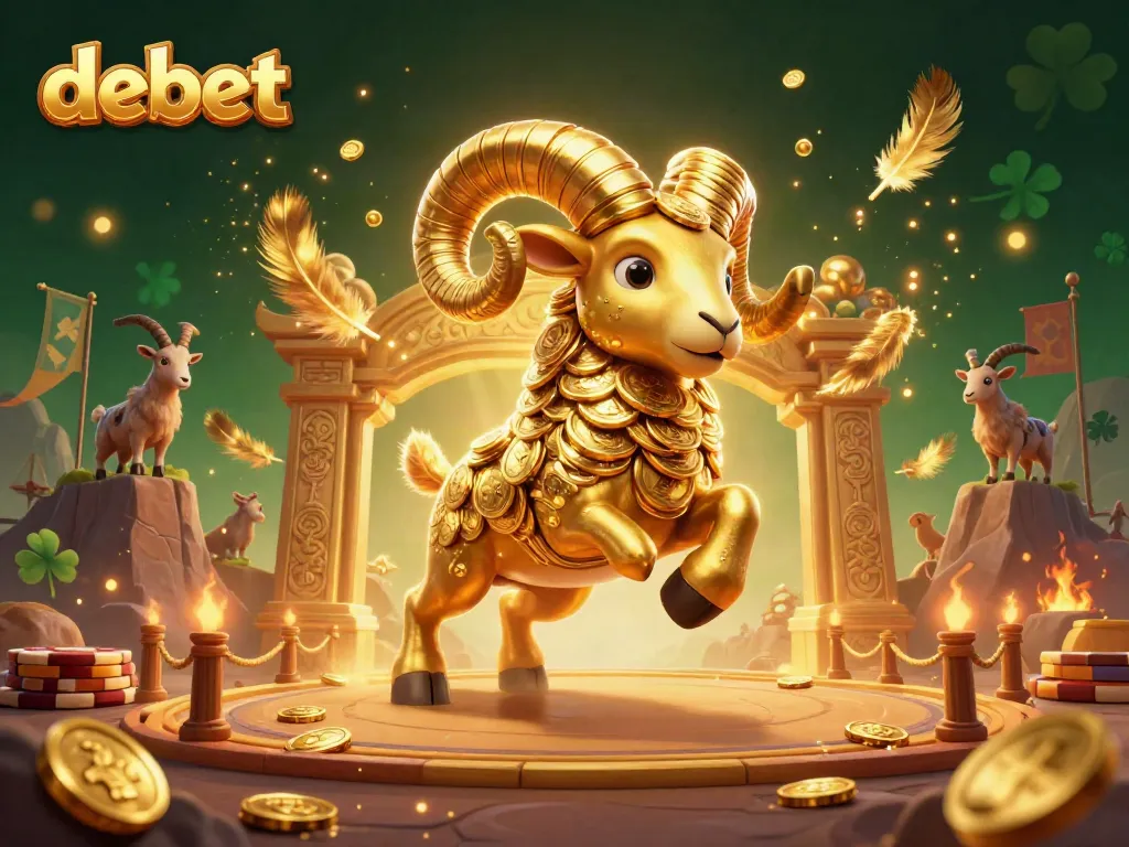Debet offers dynamic casino action with a golden ram and goat spectators at a gaming arena.