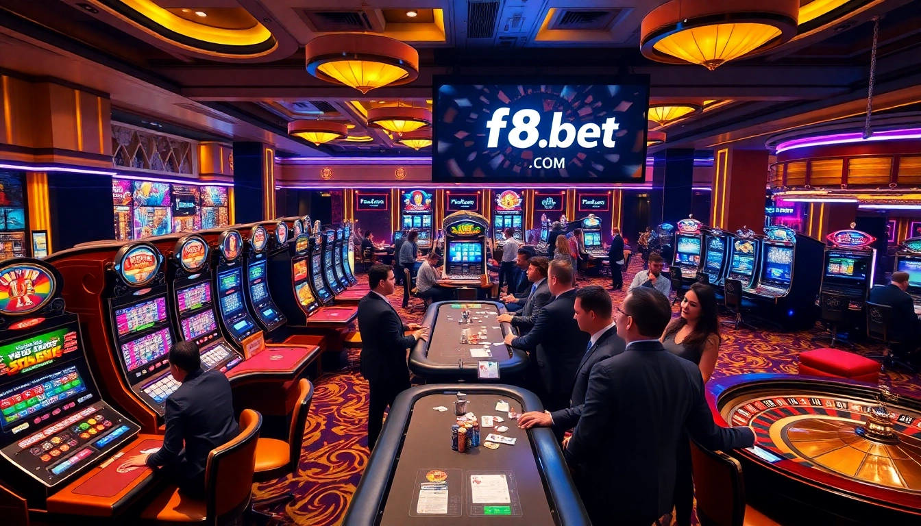 Excited players engaging at f8bet.com casino tables with vibrant slot machines.