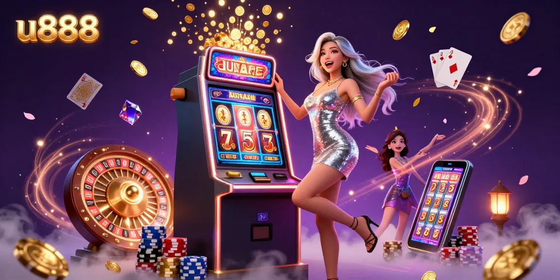 Experience the excitement of u888 with a vibrant casino scene featuring an Asian woman celebrating a jackpot.