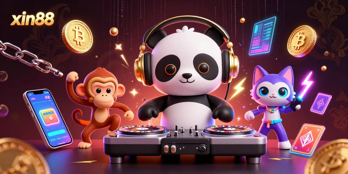 Spin to win with xin88: A lively DJ panda, breakdancing monkey, and rave kitten in action.