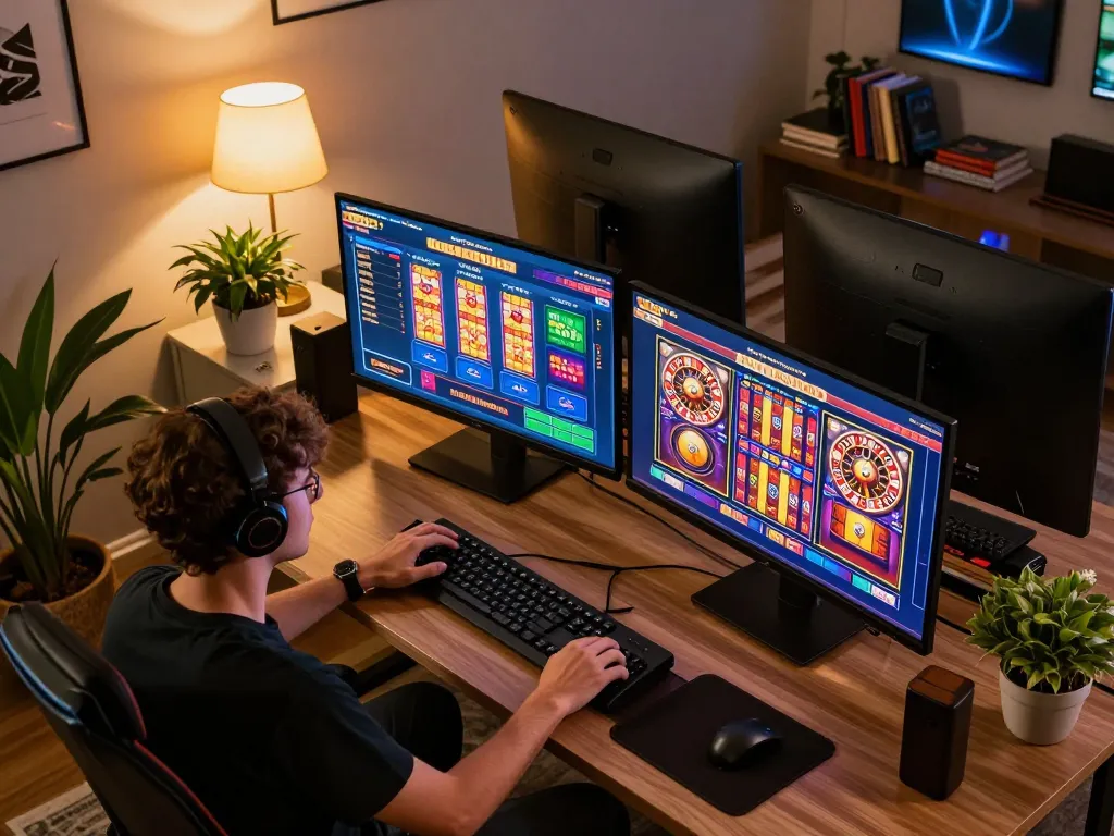Player enjoying online casino games at home with debet app displayed on multiple screens.