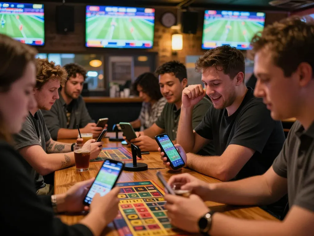 HDBET patrons engaging in sports betting excitement at lively venue with screens displaying events