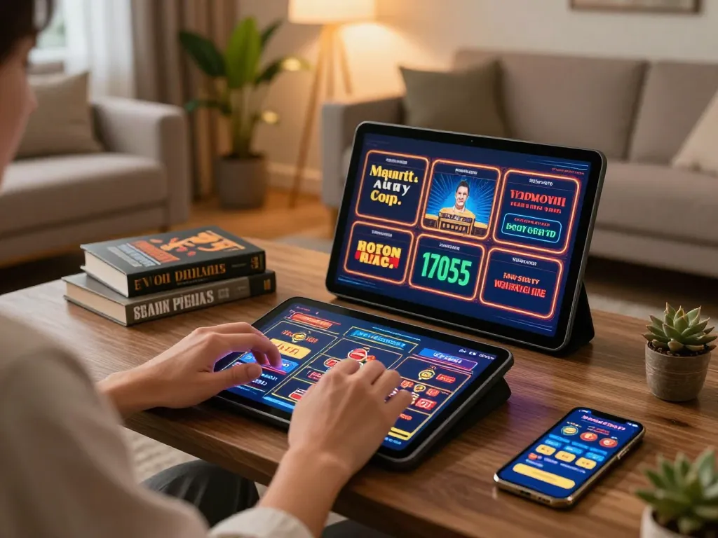 Engaging in online slots at home using https://ee888.sa.com/ with warm lighting and strategic elements.