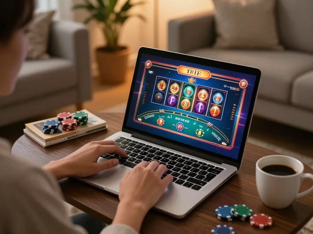 Engaging in online casino gaming with 79king-vn in a cozy home setting, laptop open with vibrant game display