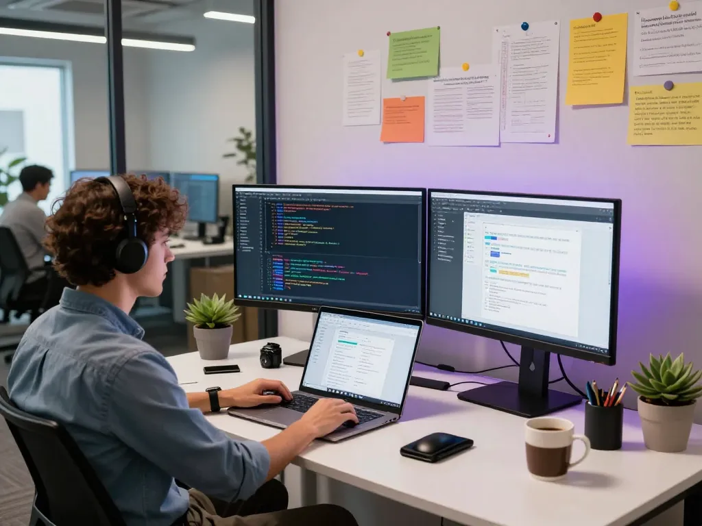 MoltBot AI developer working in a modern tech workspace, showcasing coding and automation tasks.