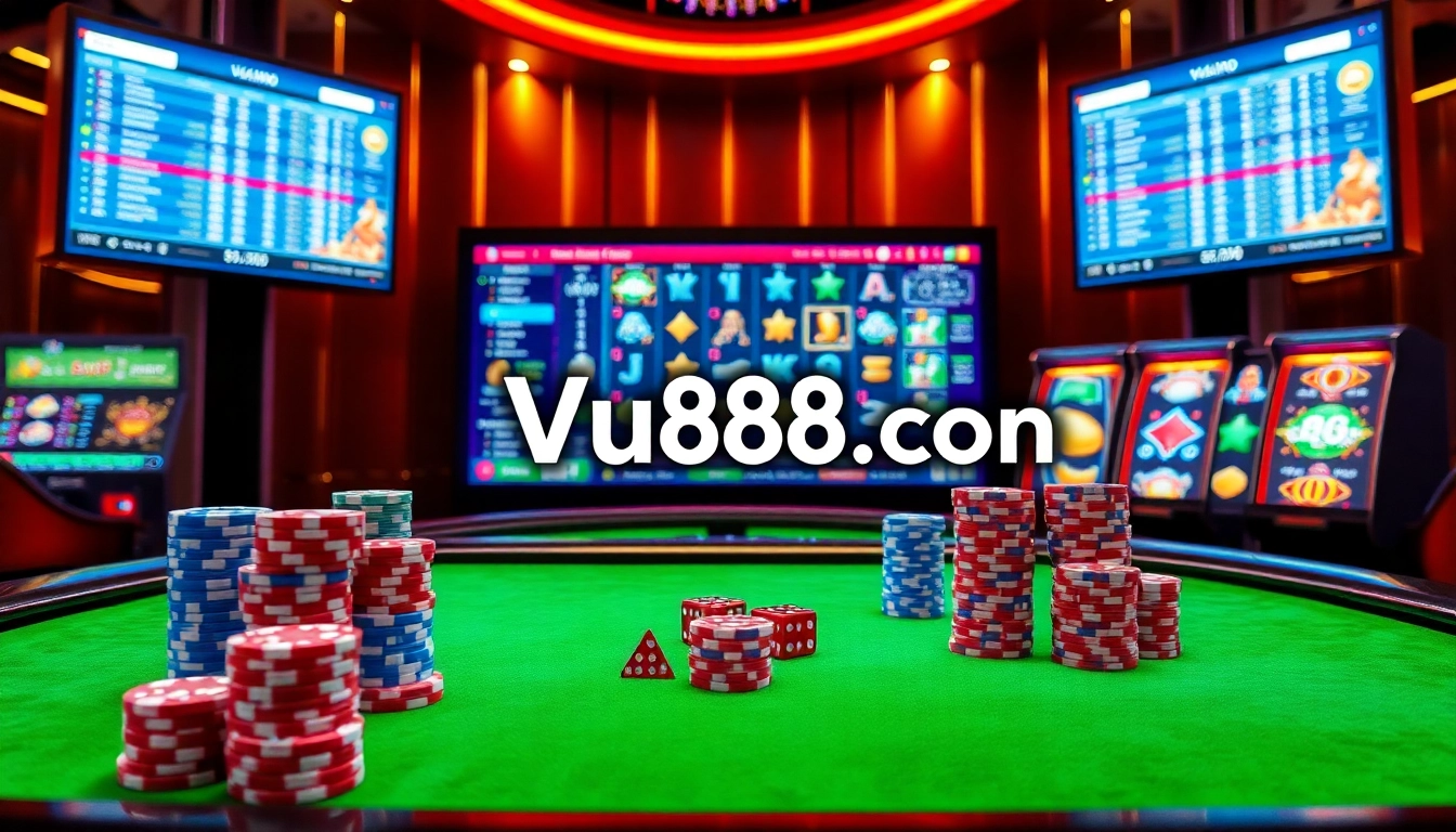 Experience the excitement of vu88.com with vibrant casino tables and thrilling gambling visuals.