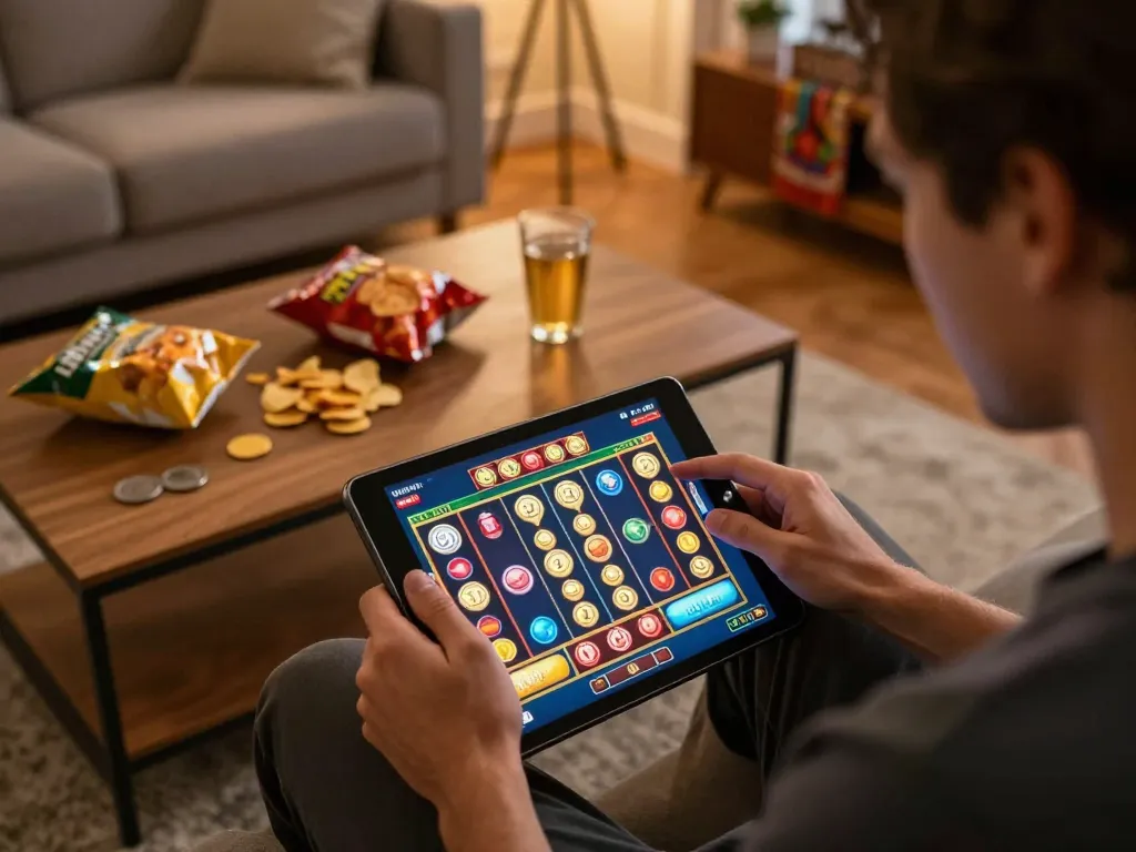 Nohu90 player engaging with exciting slot games on tablet in a cozy home environment