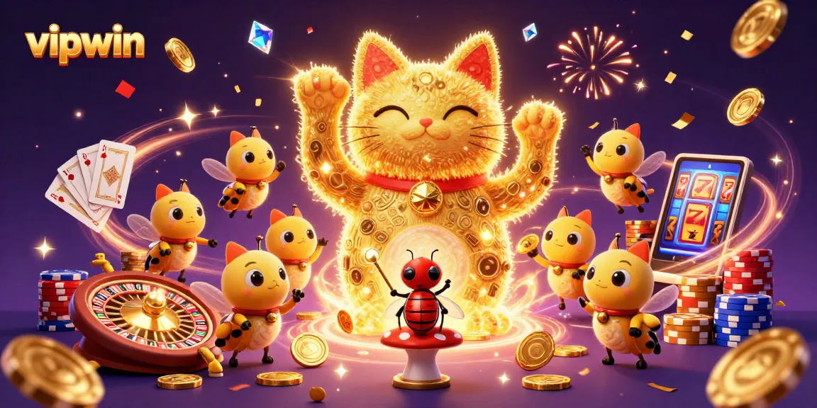 Experience wins with vipwin's vibrant online casino symbols amidst cascading coins and gems.