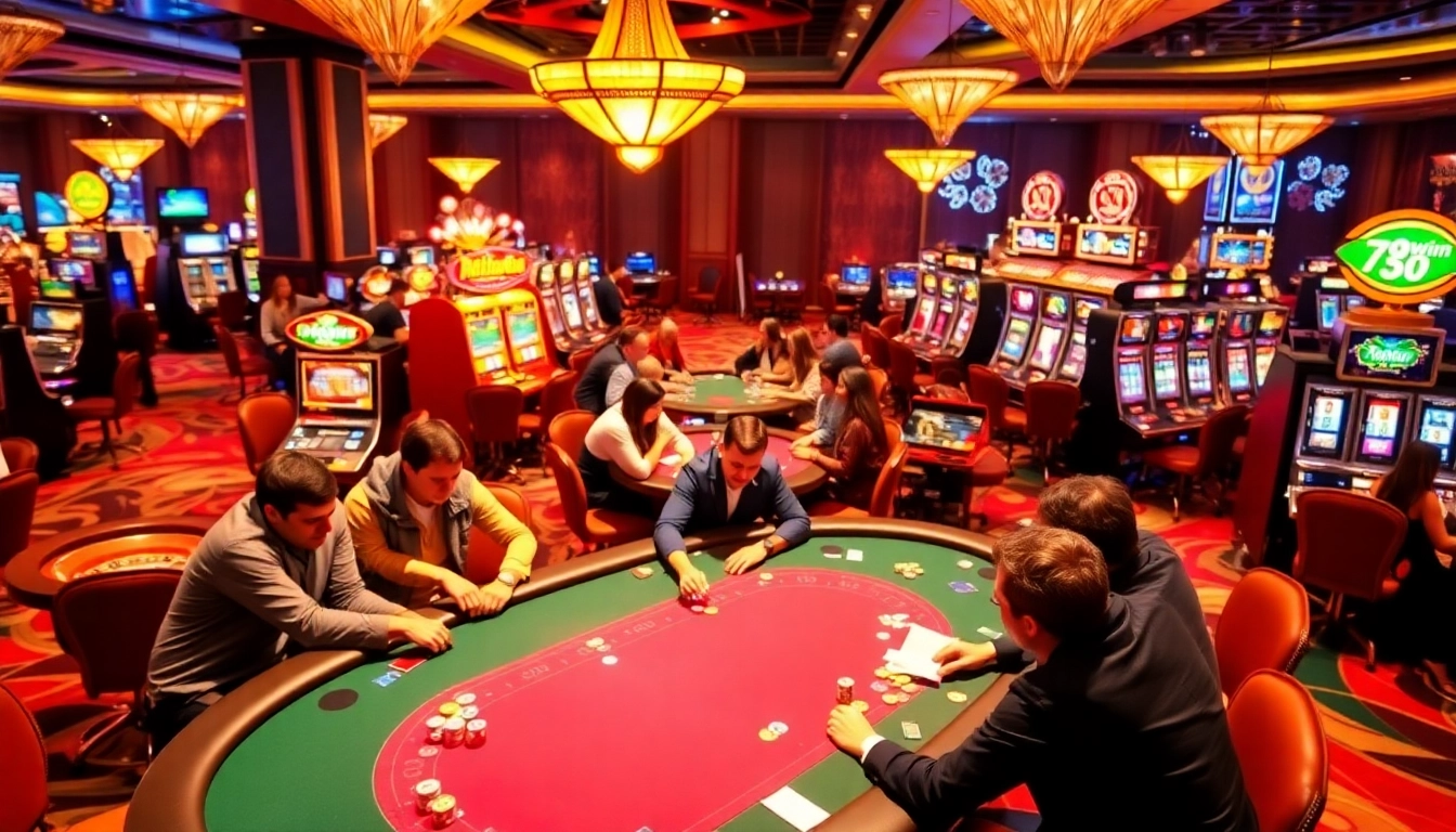 Exciting casino gameplay capturing the essence of 789winn with vibrant tables and colorful chips.