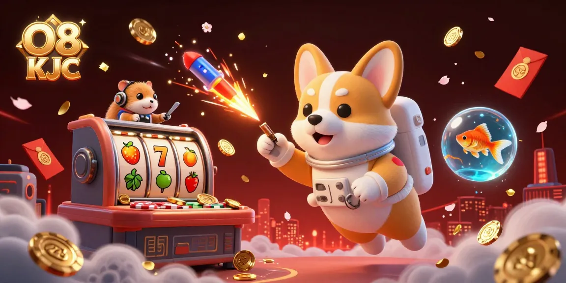 Experience O8 KJC's thrilling space casino adventure with a corgi astronaut and vibrant game elements!