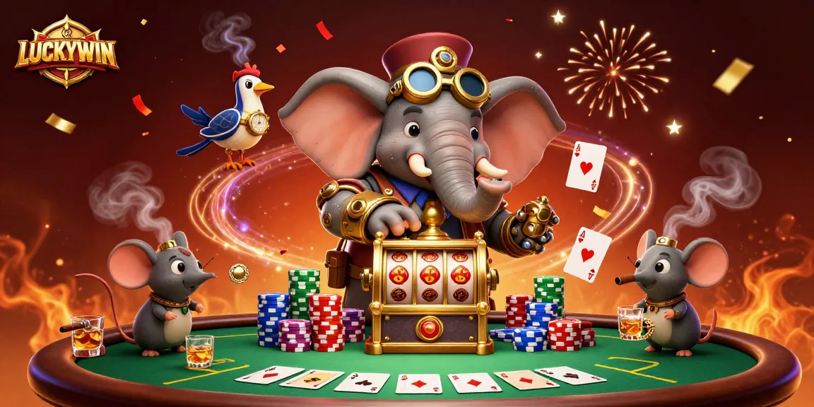 LUCKYWIN illuminates a festive casino scene with a steampunk elephant and dynamic casino elements.