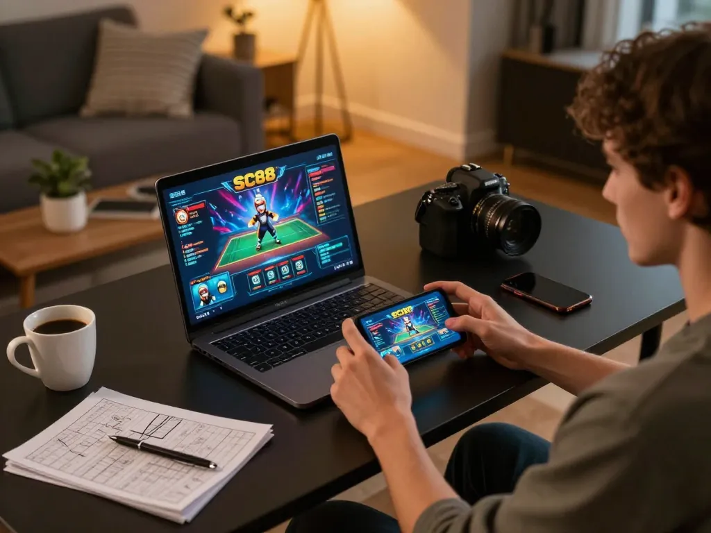 Experience thrilling online gambling with SC88 using a laptop and mobile in a cozy setup.