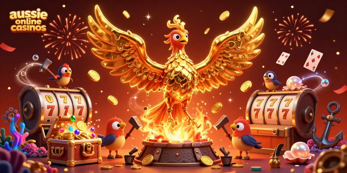 Experience the magic of aussie online casinos with a golden phoenix rising amidst vibrant casino elements.
