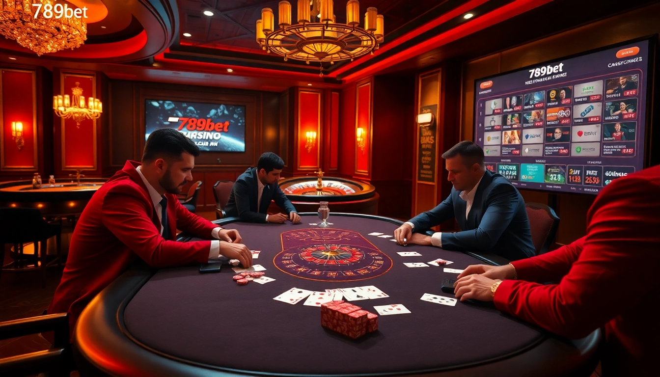 Players strategizing at a 789bet poker table in a luxurious casino setting.