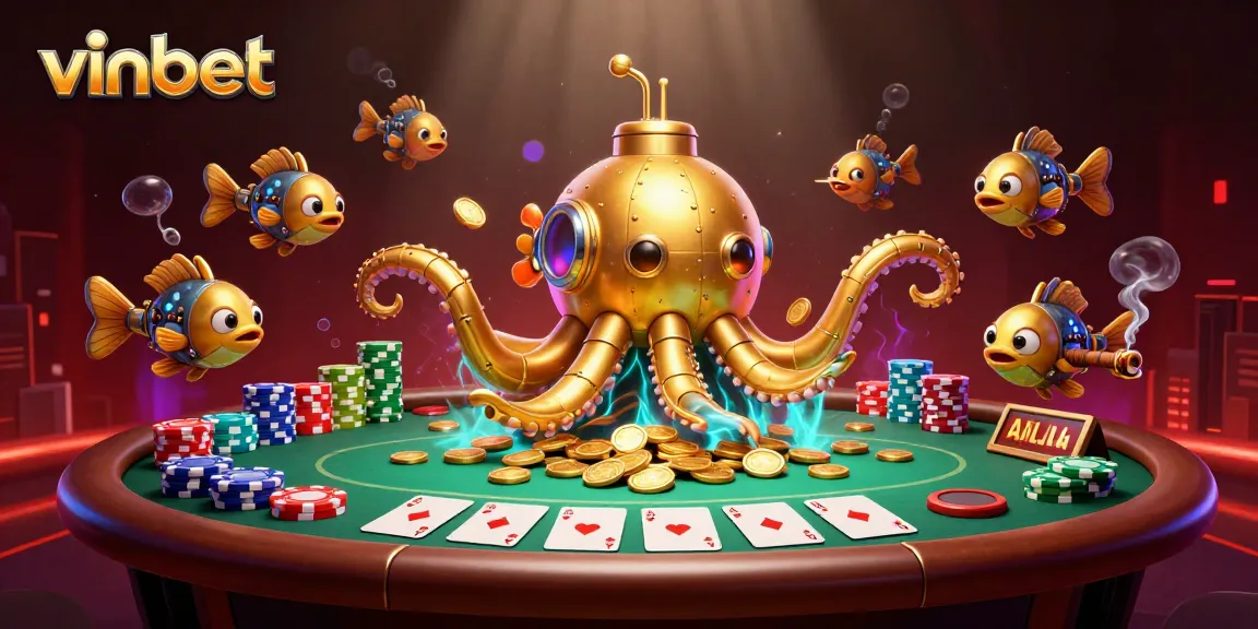 Engage with vinbet’s action-packed gaming scene featuring a golden kraken submarine and poker elements.