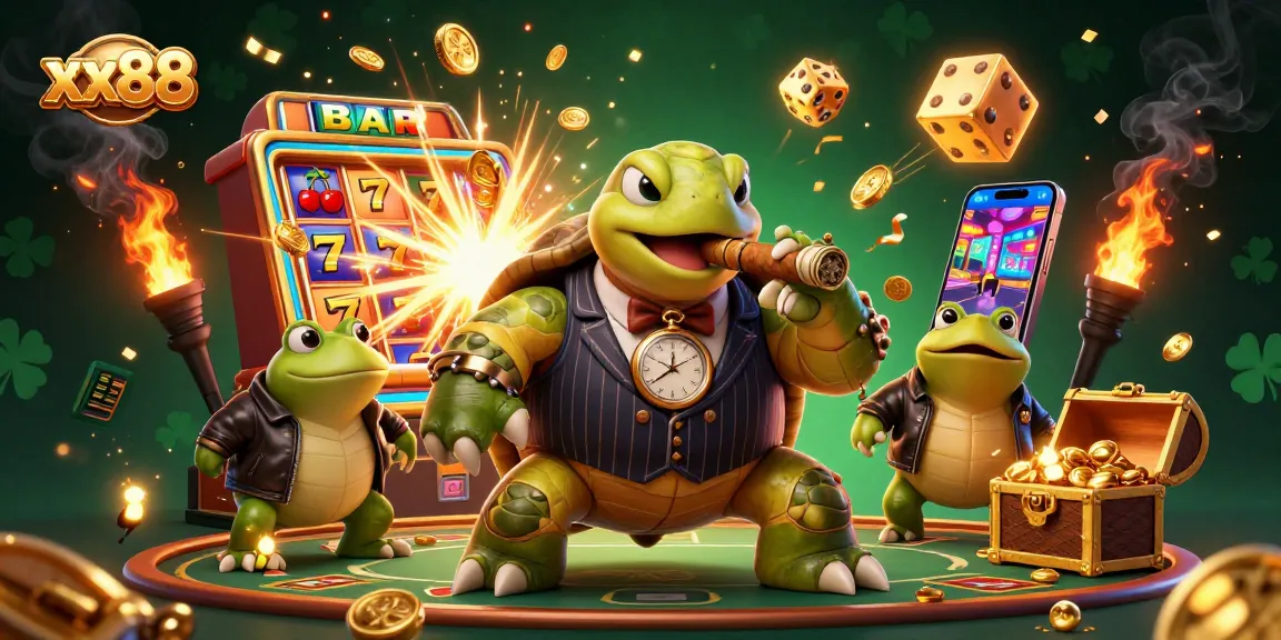 xx88 gamblers ready to hit the jackpot in a lively casino scene with a snapping turtle and bullfrog enforcers