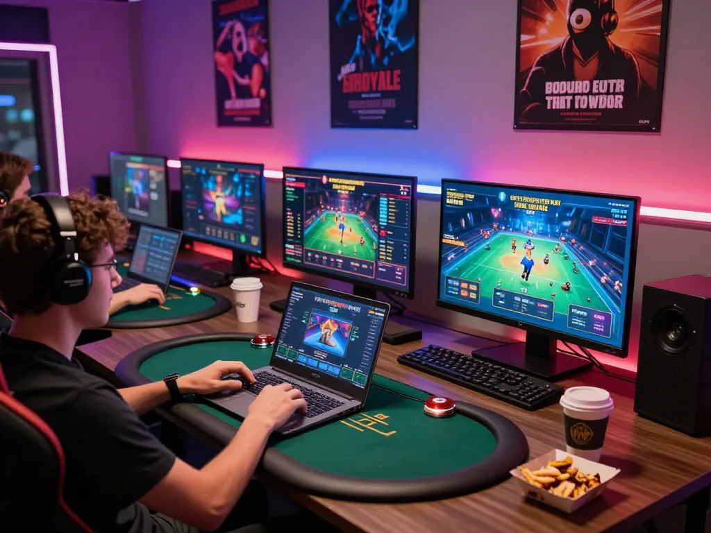 Experience online poker strategies with gamebaidoithuong8, showcasing a modern gaming setup with a laptop.