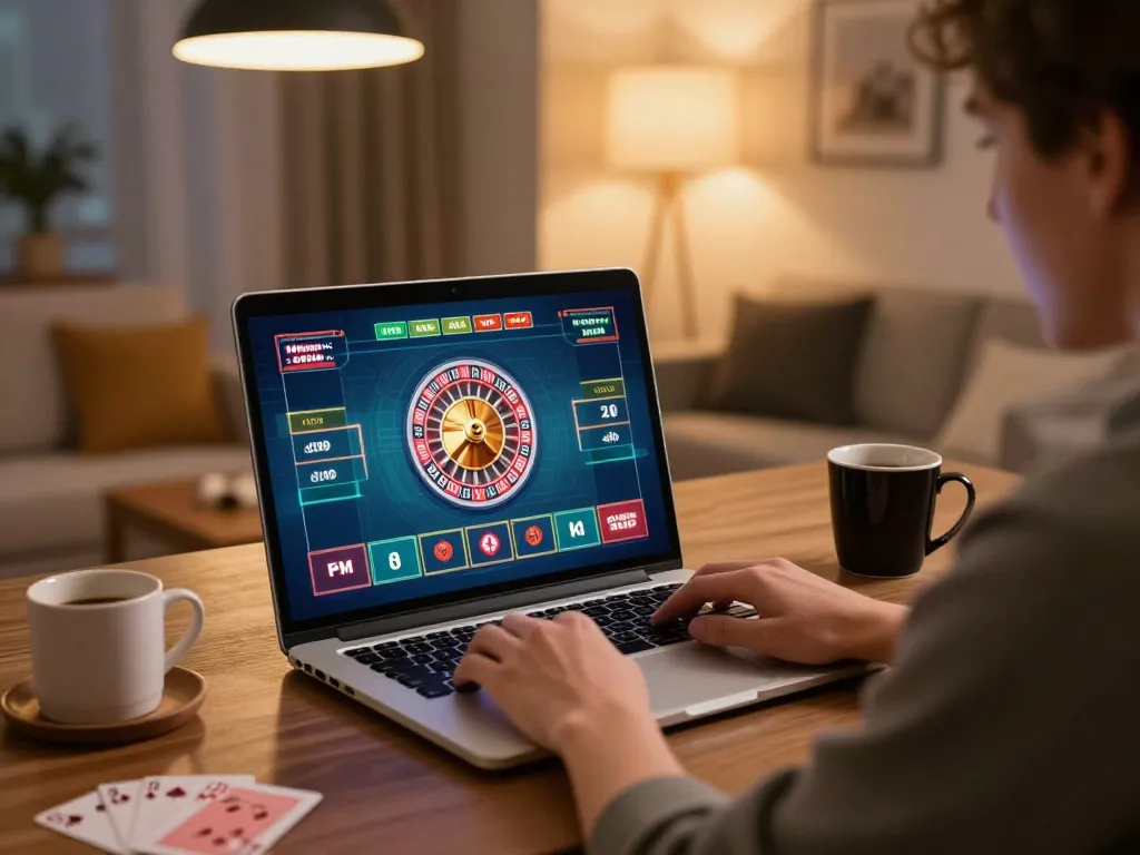 Engaging online gameplay at nk88 with a player concentrating on roulette strategy during a cozy home session