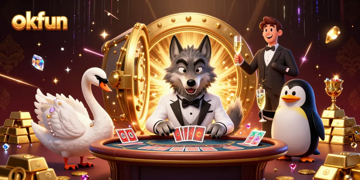 Engage in winning games at okfun with an animated scene featuring a wolf, swan, and penguin in a vibrant casino.