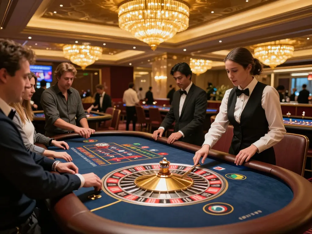 Players at a roulette table at https://www.atqvn.com/ placing bets in a luxurious casino atmosphere