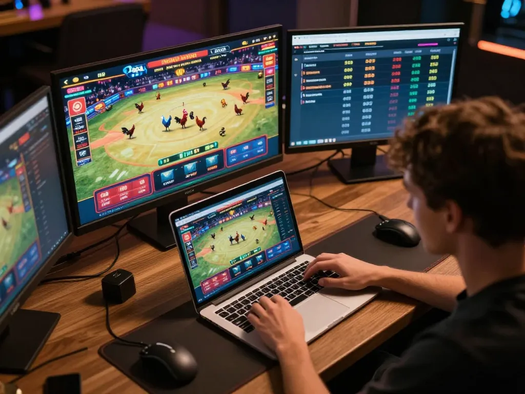 Daga online betting experience with players engaging in live cockfighting, showcasing vibrant graphics.