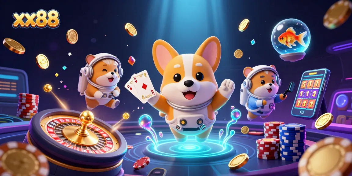 xx88 casino action scene featuring a playful astronaut corgi and mission-control hamster in a vibrant 3D environment.