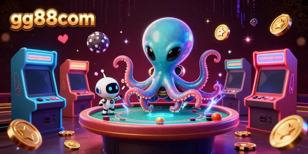 Engage in fun gameplay at gg88com with a vibrant alien octopus at a holographic poker table.