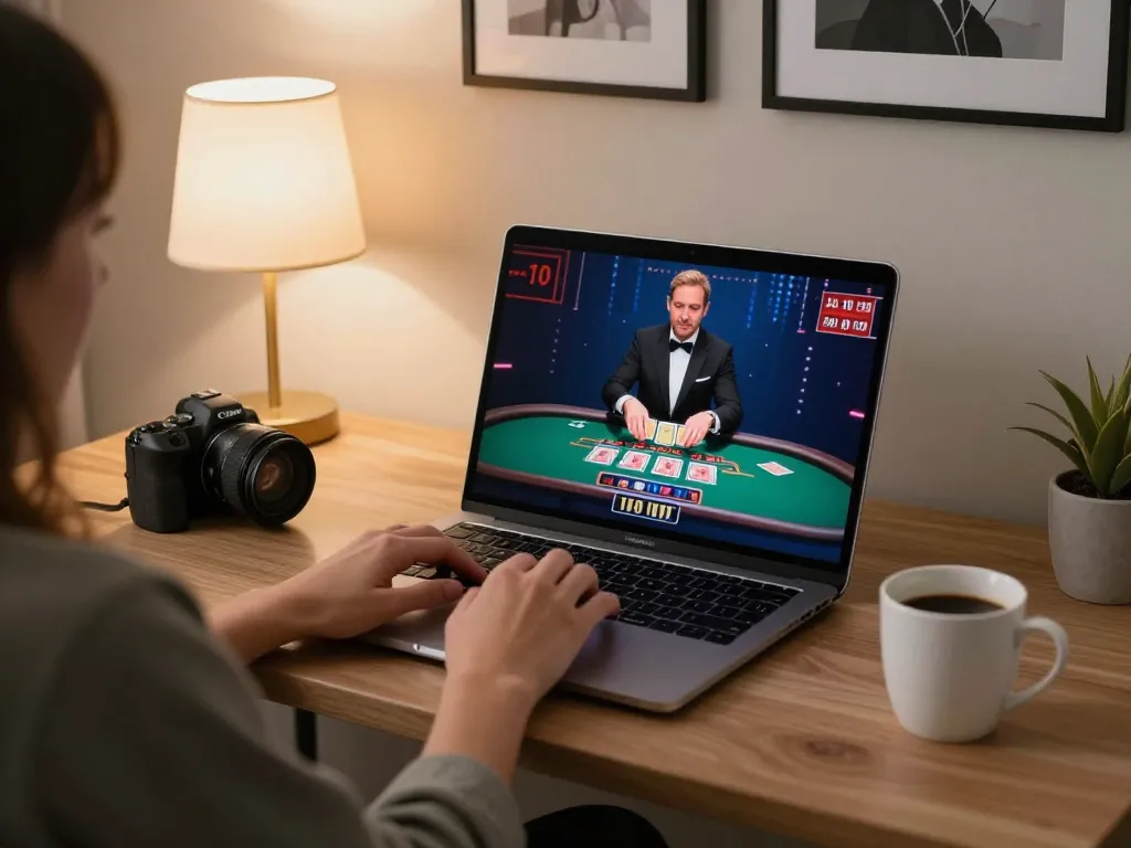 Engaging with online gaming at https://www.mnm88.com/ on a stylish laptop, featuring live dealer blackjack setup.
