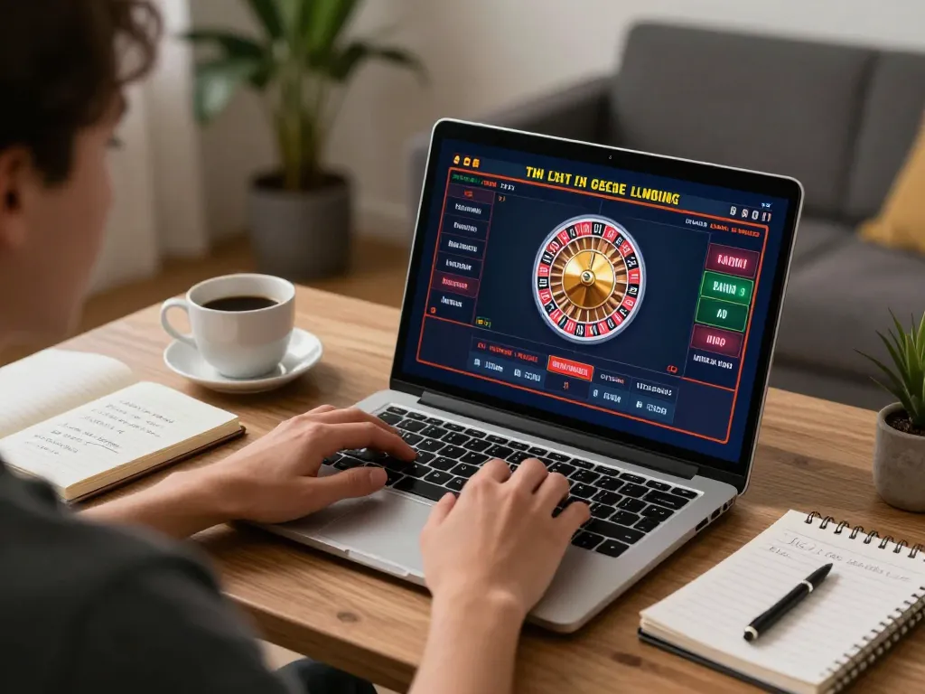 Player engaging with zbett online casino gaming on laptop, showcasing strategy notes and cozy atmosphere.