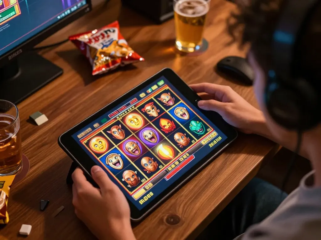 Player enjoying n88 slots on tablet, showcasing thrilling online gaming experience at home.
