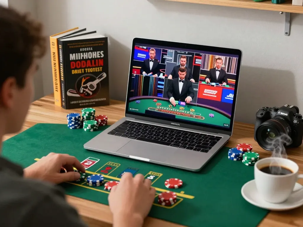 MAX88 player enjoying a live dealer blackjack game on laptop, showcasing responsible online gambling.