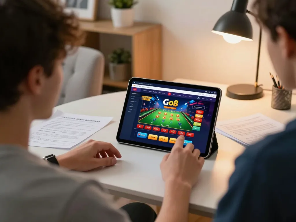 Engaged player exploring Go8 casino app on tablet in a stylish, cozy home setting.