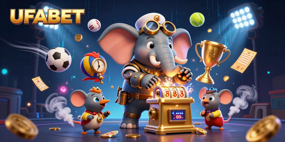 Bet on UFABET with a steampunk-themed 3D scene featuring an elephant engineer, golden slots, and dynamic sports elements.