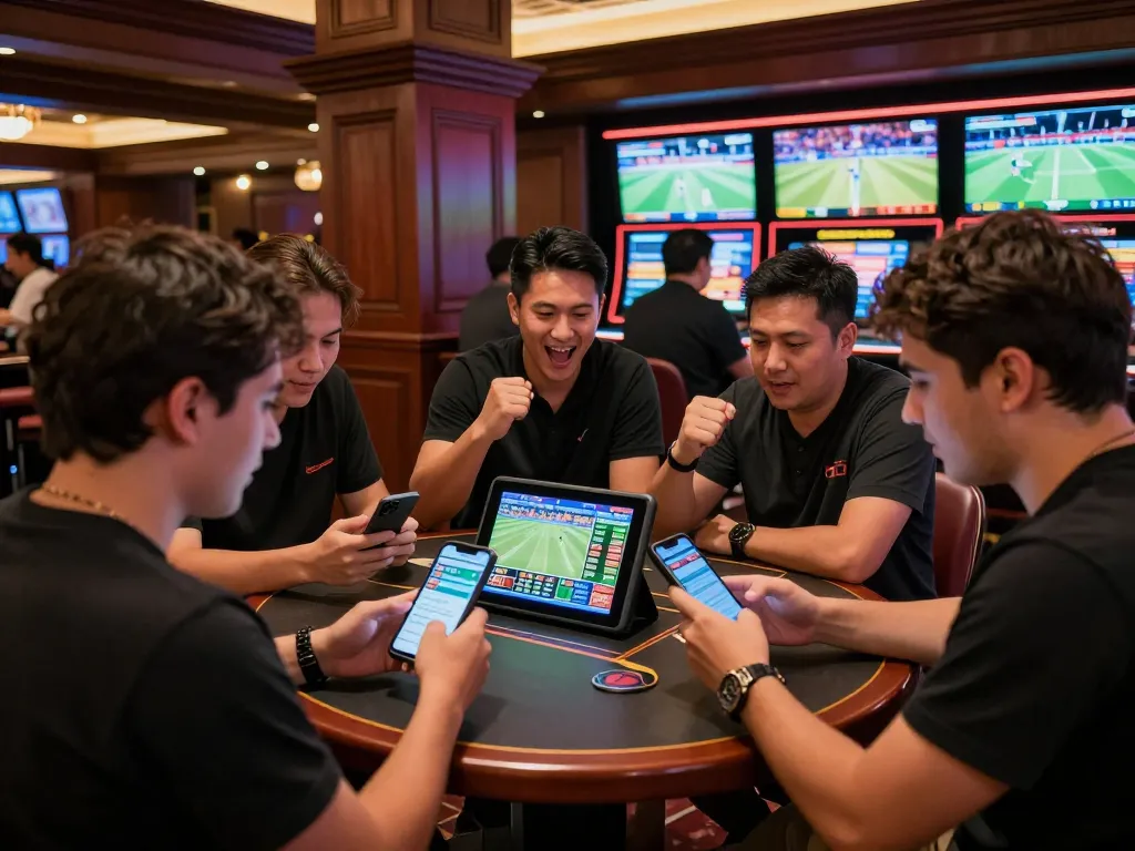 Friends at New PK Luck celebrating a winning sports bet, showcasing excitement in a vibrant casino environment.