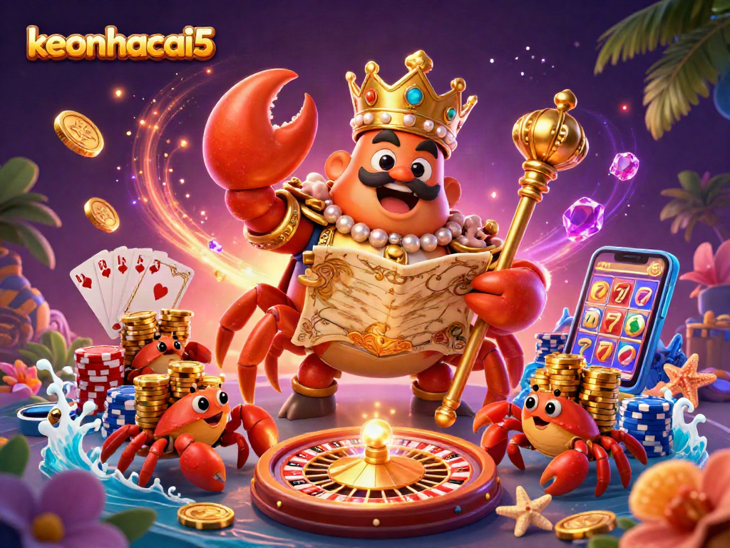 Engage with keonhacai5 through an enchanting scene featuring a golden crab emperor and vibrant gambling elements.