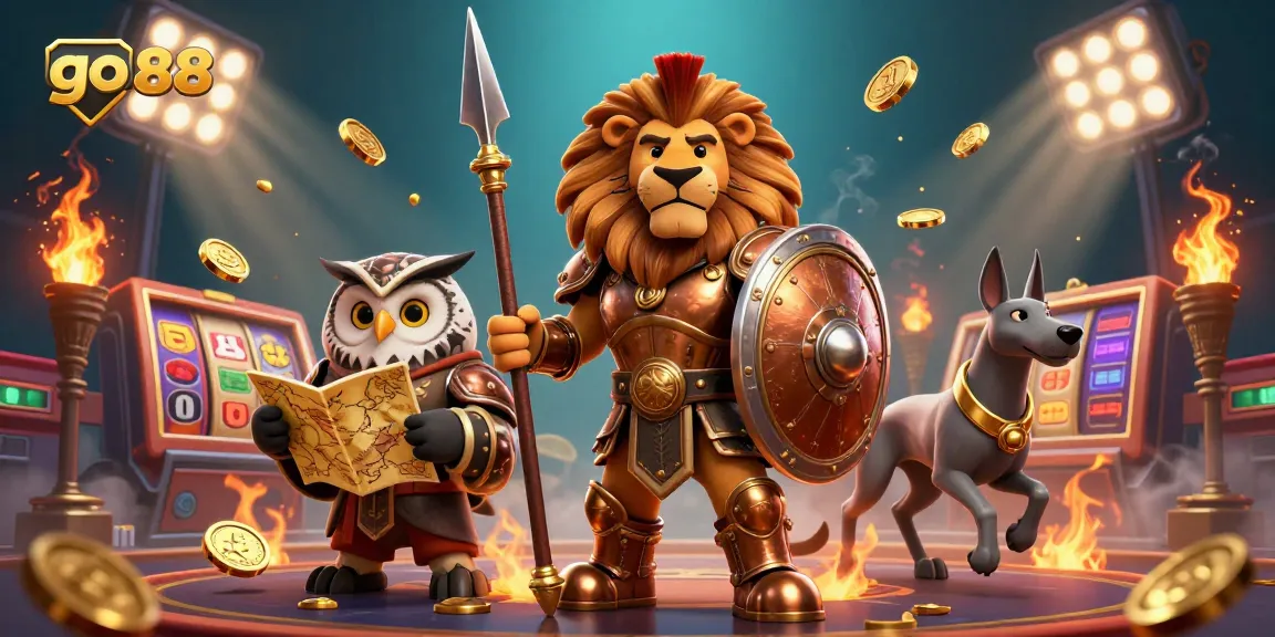 Experience the dynamic action of go 88 in a packed casino scene with a Spartan lion, owl strategist, and greyhound messenger.