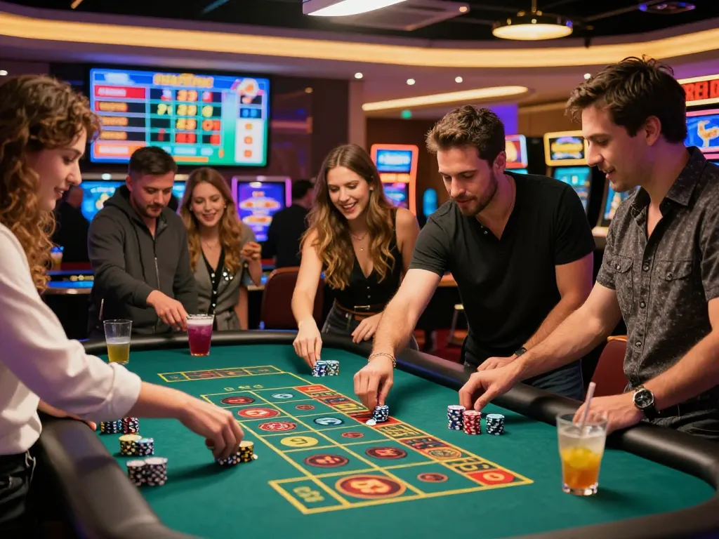 Group enjoying a thrilling roulette game at RED88 Casino, vibrant and lively atmosphere.